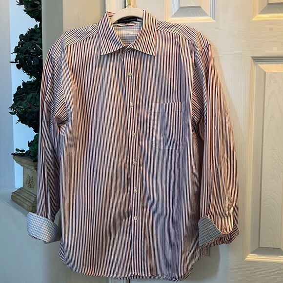 Saks Fifth Avenue Men’s M button-down dress shirt with plaid accent cuffs - Picture 1 of 15